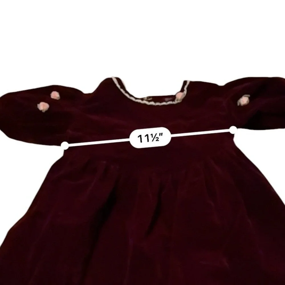 Vintage OshKosh Velvet Dress Girls 6X Burgundy Puff Sleeve Lace Rose Holiday‎